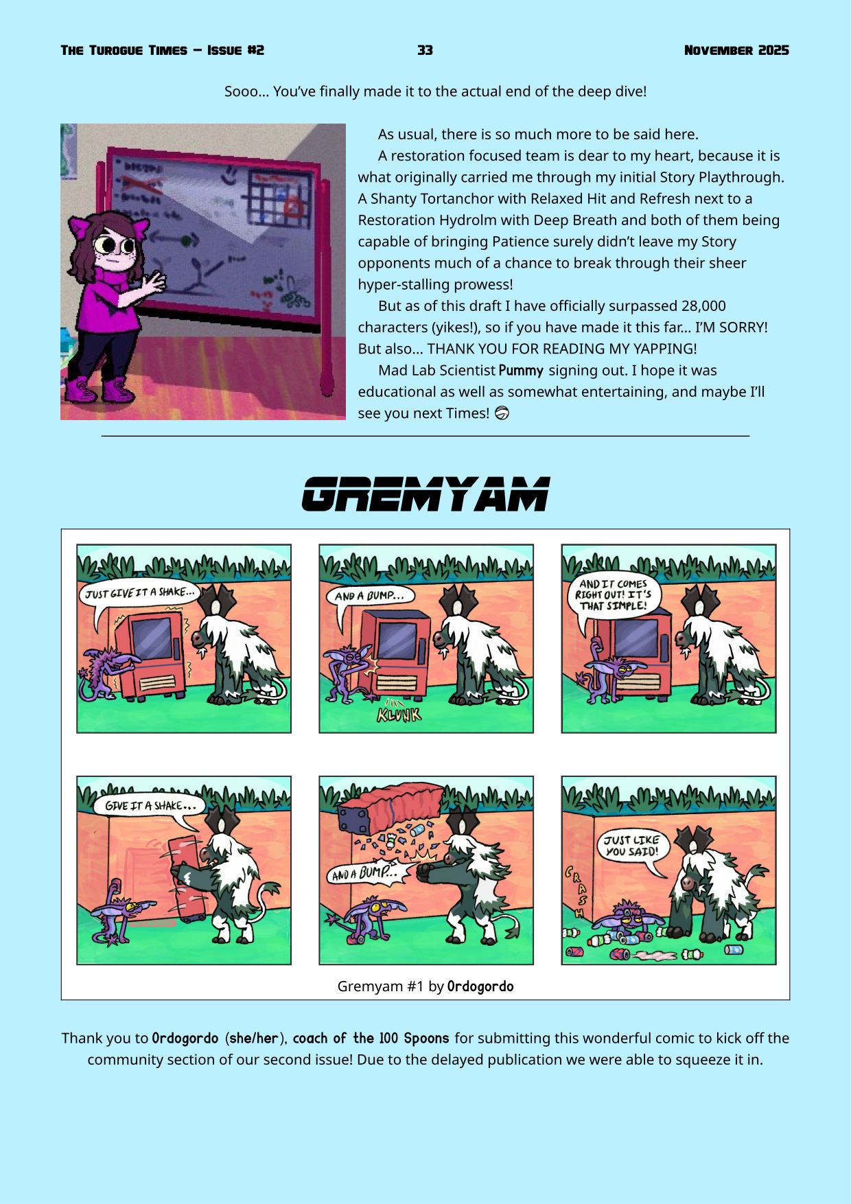 Page 33. Healing mechanics deep dive by Pummy, and 'Gremyam' comic strip by Ordogordo
